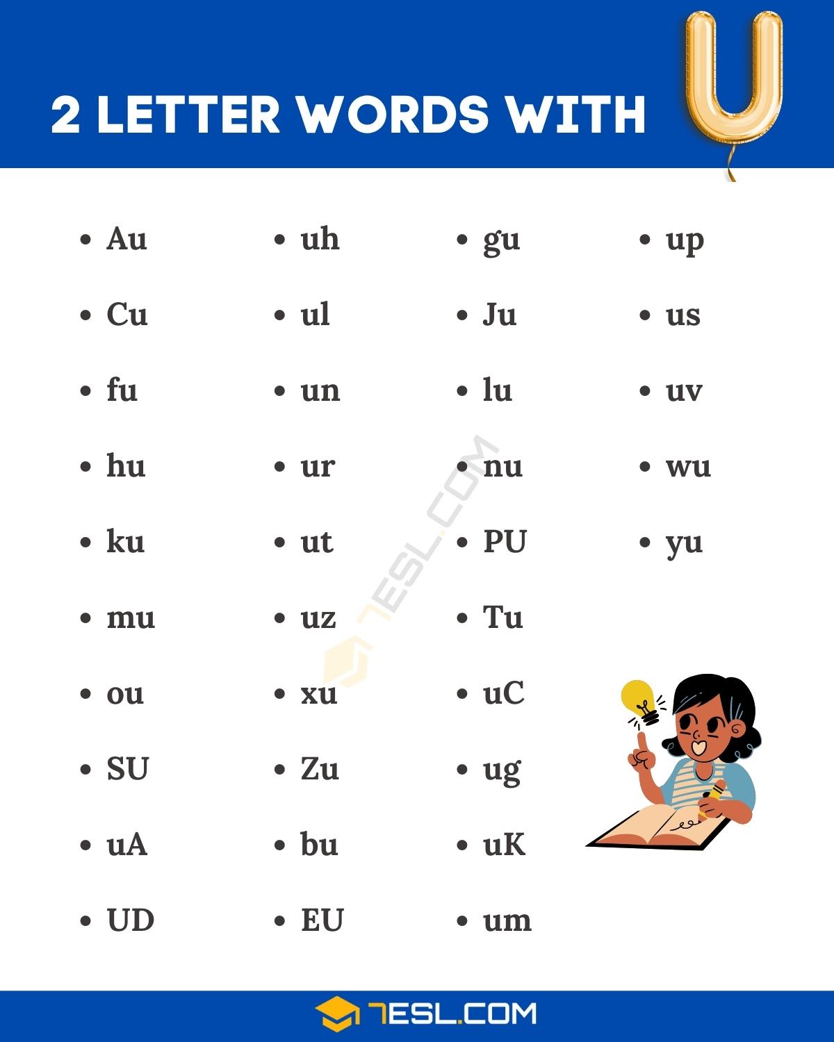 Sample two-letter words with the letter U