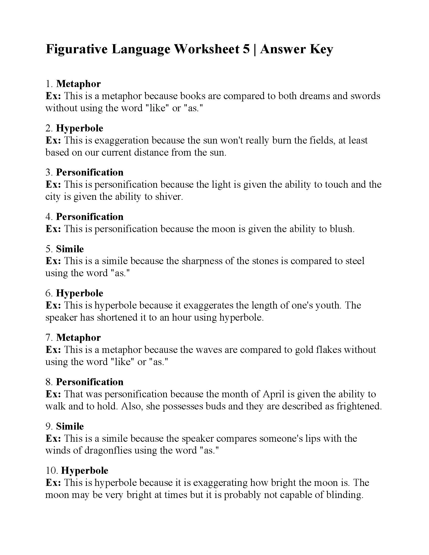 5 Figurative Language Worksheets With Answers Pdf