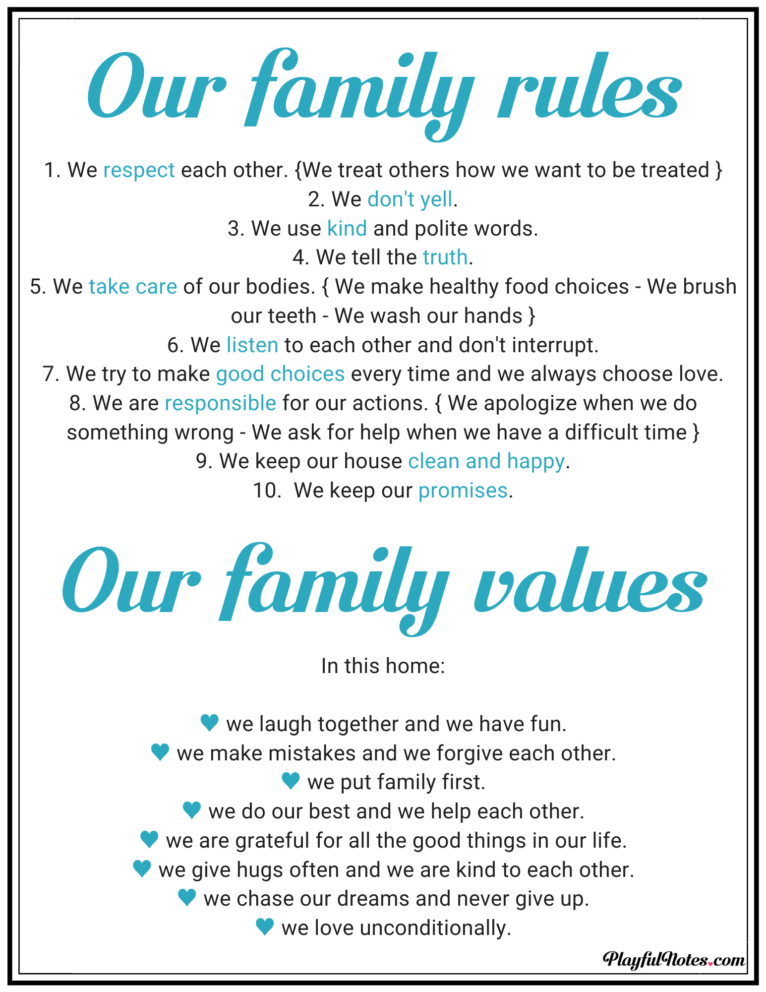 Family Rules Chart Template